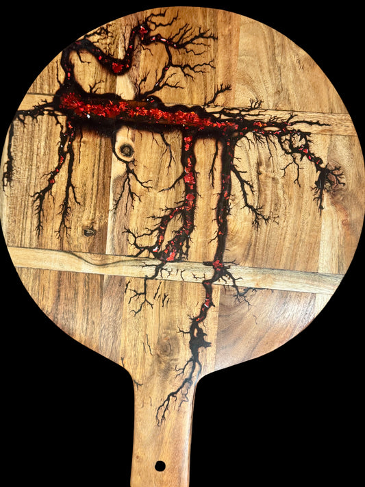 Handcrafted resin cheese board with fractal burning art by Fractal Flow Designs