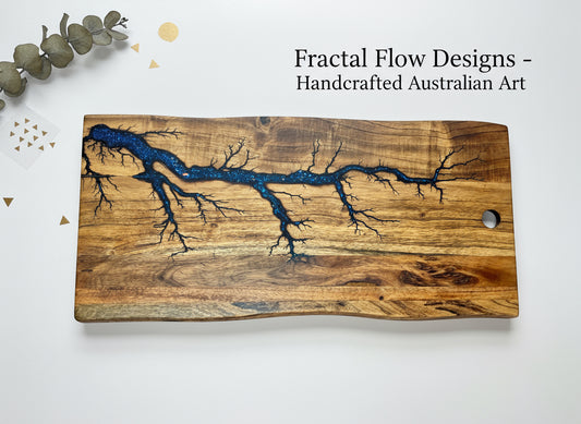 Handmade live edge resin serving paddle – premium charcuterie platter and cheese board, made in Australia by Fractal Flow Designs.