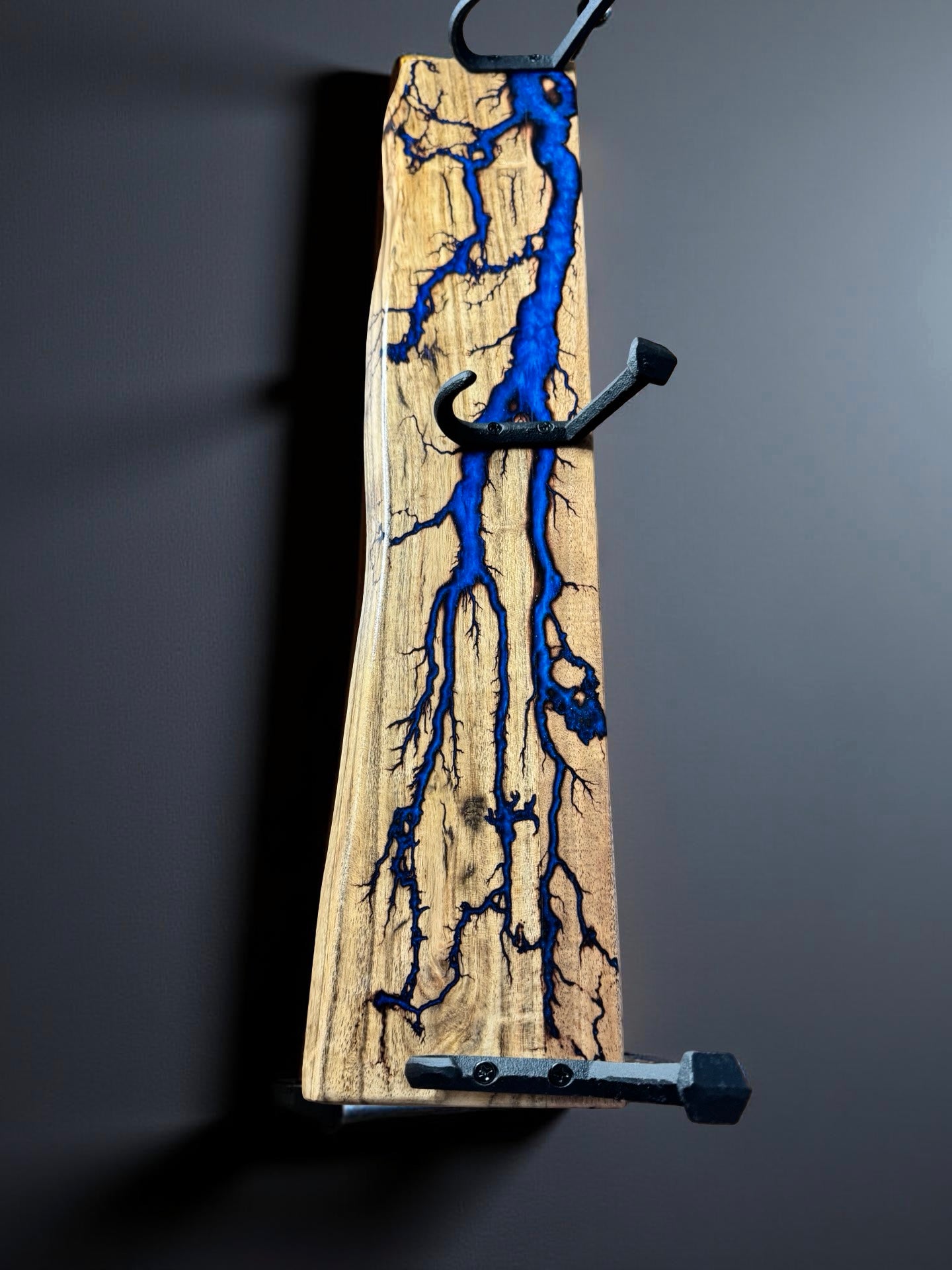 Blue resin coat rack with fractal burning detail, modern Australian timber décor