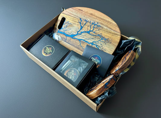Blue resin and timber cheese board boxed gift set made in Australia