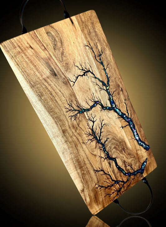 Fractal Flow Designs serving board – resin inlay, live edge timber, perfect for entertaining