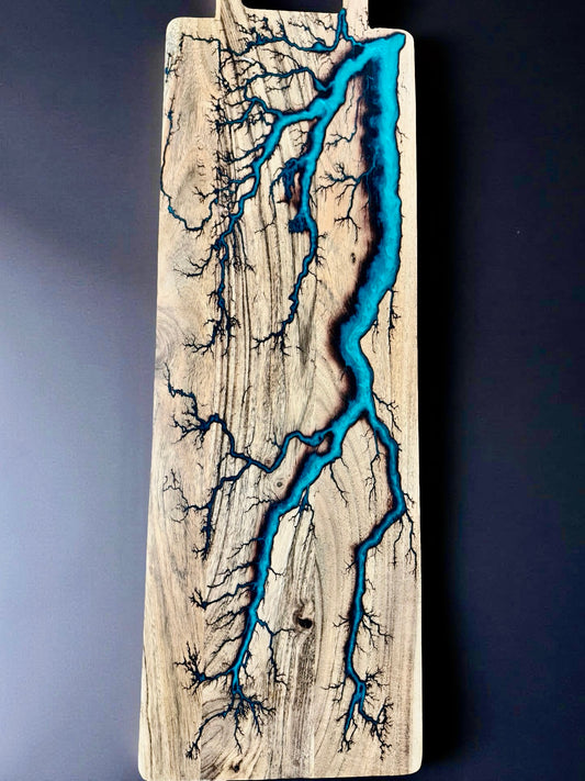 Artisan long charcuterie board teal resin flow Australian made timber design by Fractal Flow Designs grazing platter premium resin boards Australia