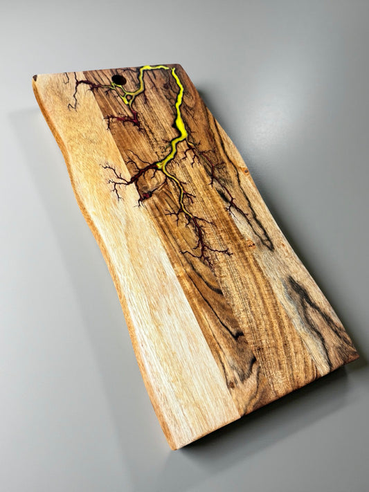 Handcrafted fire resin grazing board red and yellow resin art live edge style with powerful fractal burning Art