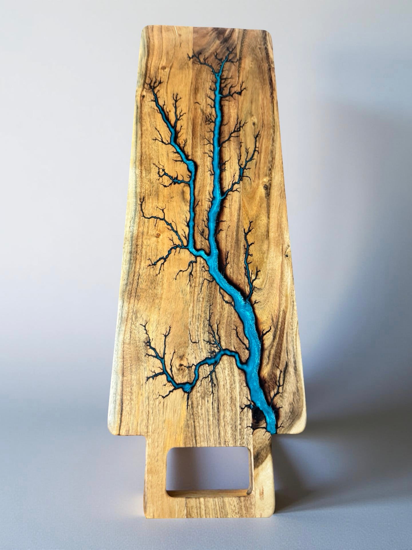 Long serving board with lagoon blue resin art, handcrafted Australian timber grazing platter