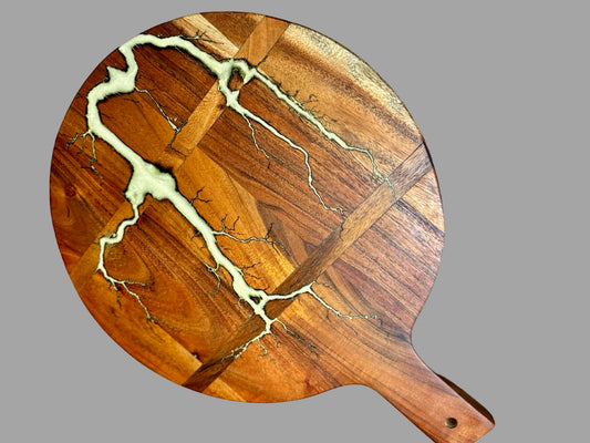 Round resin cheese board with bold fractal style, artisan serving platter from Victoria Australia