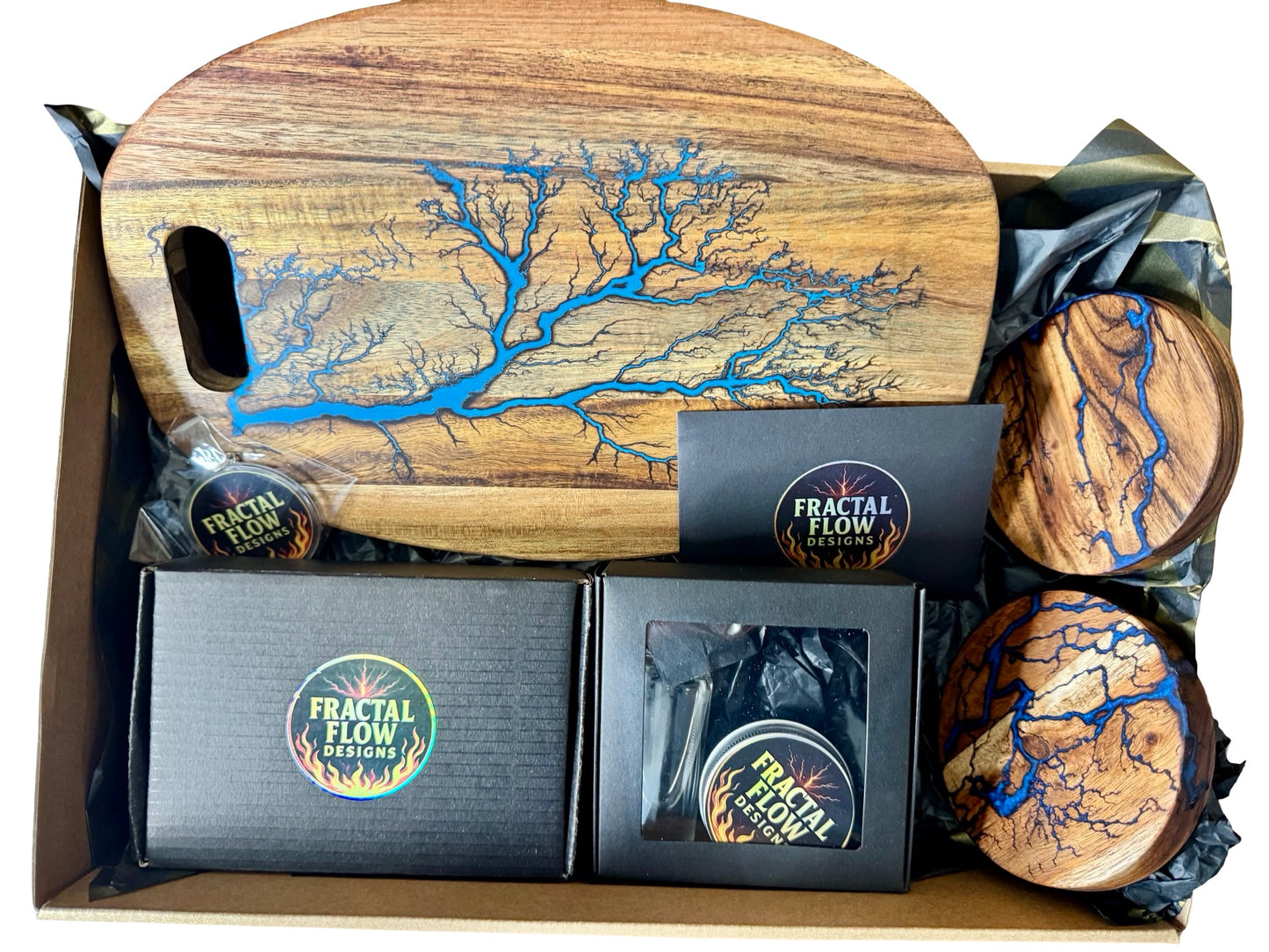 Cheese lovers resin board gift box with three knives and care kit by Fractal Flow Designs