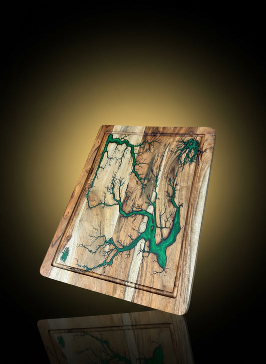 Australian resin cutting board designed for gourmet kitchens — handmade by Fractal Flow Designs using sustainable materials.