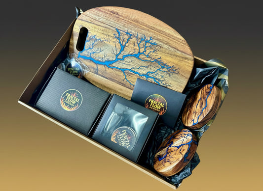 Fractal burnt resin cheese board and coaster gift set Australian made