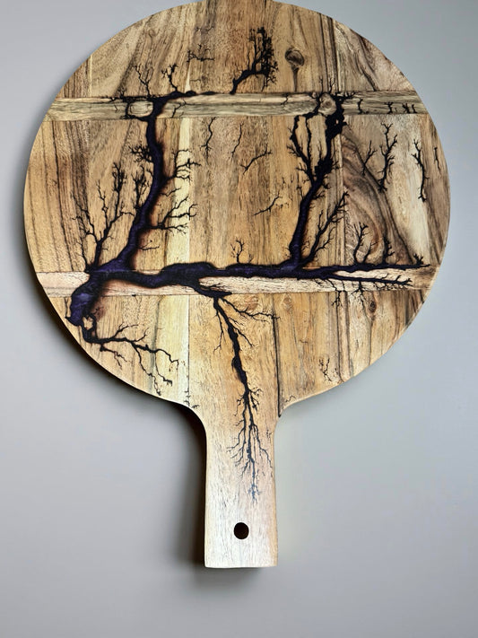 Iridescent purple resin round acacia cheese paddle with electric fractal art resin boards australia east gippsland