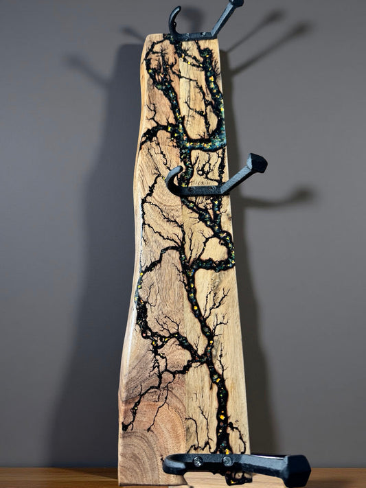 Holographic resin coat rack on solid timber, contemporary Australian décor