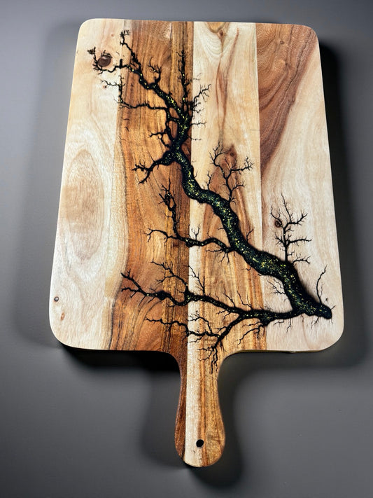 Resin paddle board with gold sparkle resin artwork and fractal burning handcrafted in East Gippsland