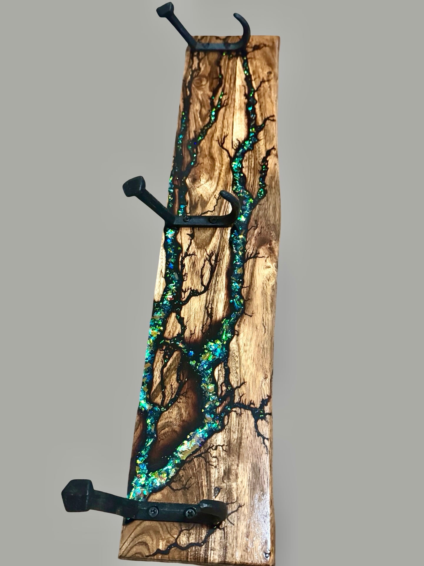 Designer timber coat rack with resin artwork made in East Gippsland Australia by Fractal Flow Designs perfect for stylish home and office spaces