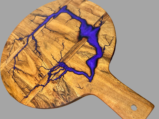 Fractal Flow Designs round cheese board, handcrafted resin and timber for charcuterie platters