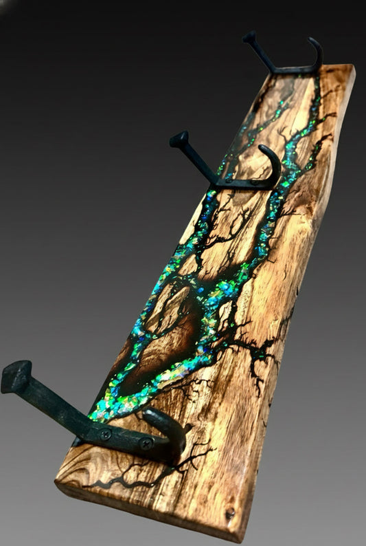Australian made timber coat rack handcrafted in East Gippsland by Fractal Flow Designs featuring unique resin inlay and fractal burning art for premium home decor