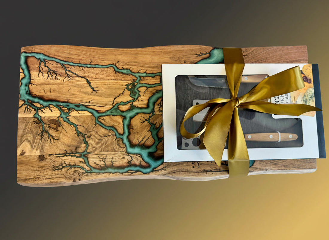Resin board gift set with gourmet cheese knife set australian resin boards east gippsland handcrafted timber gifting weddings premium artisan quality