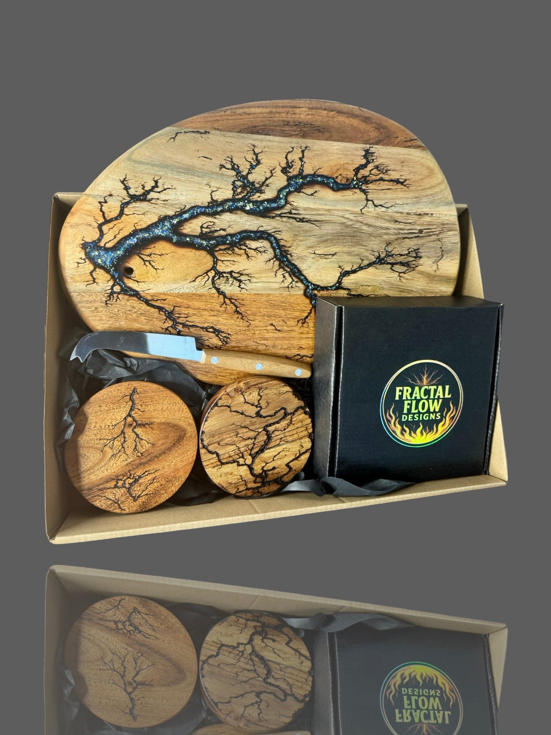 Australian resin cheese board gift box – handcrafted timber board set with premium accessories by Fractal Flow Designs, East Gippsland, Victoria.