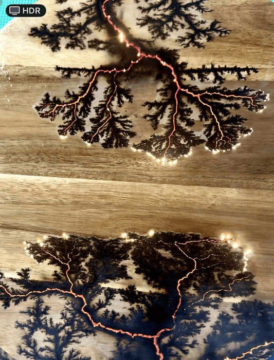 Artistic fractal lightning pattern burned into wood with resin accent, premium resin boards East Gippsland