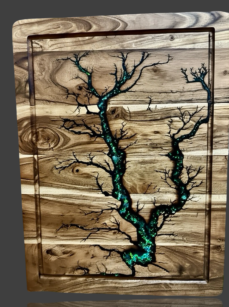 Chopping board collection by Fractal Flow Designs – handcrafted Australian hardwood with resin inlays and fractal burning. Premium timber chopping and carving boards for kitchens, cheese, charcuterie, and grazing. Made in Bairnsdale Victoria.