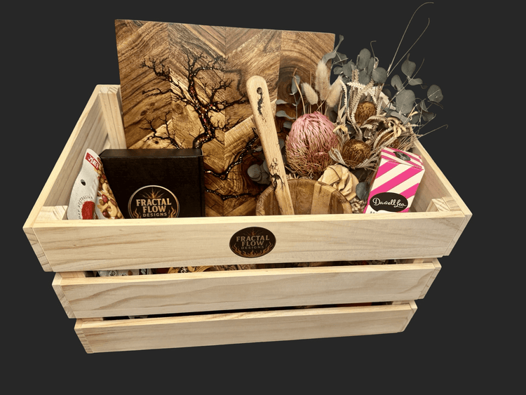 Gift boxes and wedding and corporate gifts by Fractal Flow Designs – premium Australian hardwood resin serving, cheese, grazing, and charcuterie boards in luxury packaging. Artisan timber gifts made in Bairnsdale Victoria for weddings, events.