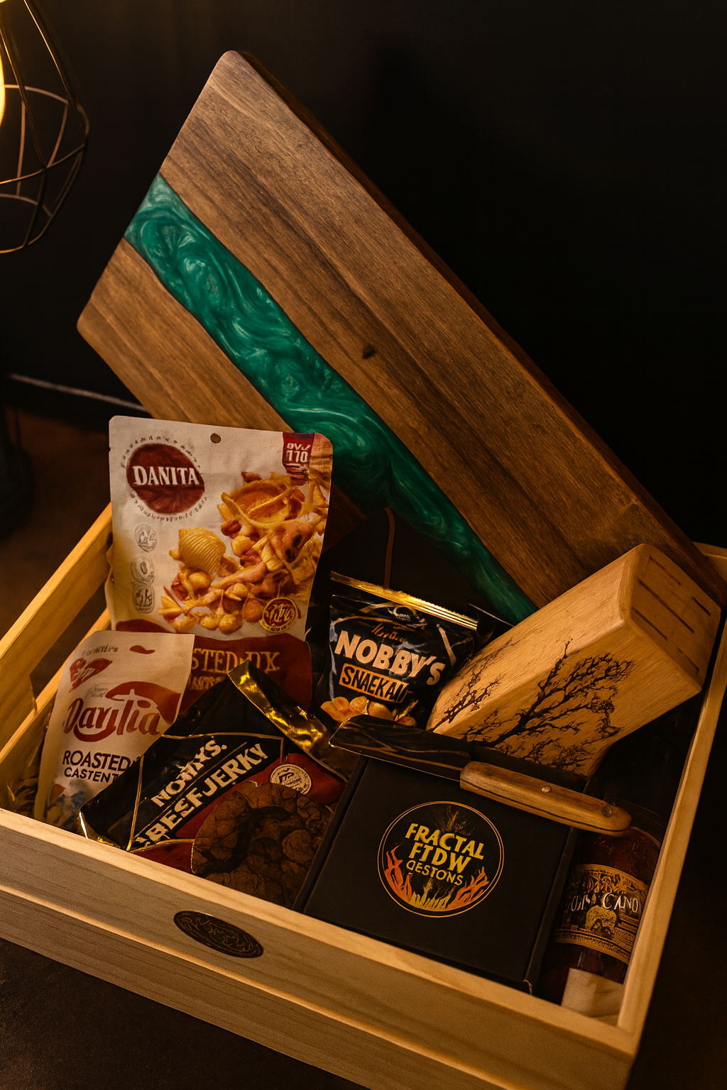 Artisan premium gift hamper – resin and timber board handcrafted in Bairnsdale, Victoria by Fractal Flow Designs, luxury platter for entertaining and gifting.