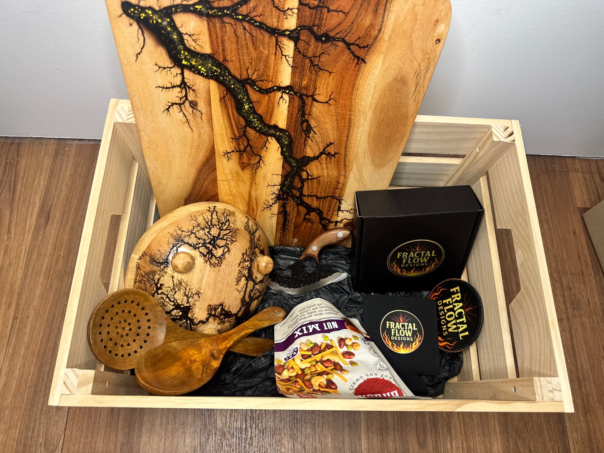Fractal Flow Designs premium resin boards gift box, artisan-crafted timber grazing platter and cheese board paddle with resin detail, ships Australia-wide