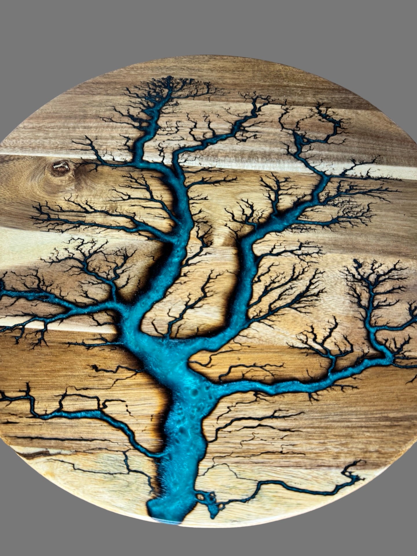 Marine green resin lazy Susan with fractal burning art sustainable Australian timber design by Fractal Flow Designs East Gippsland resin boards Australia