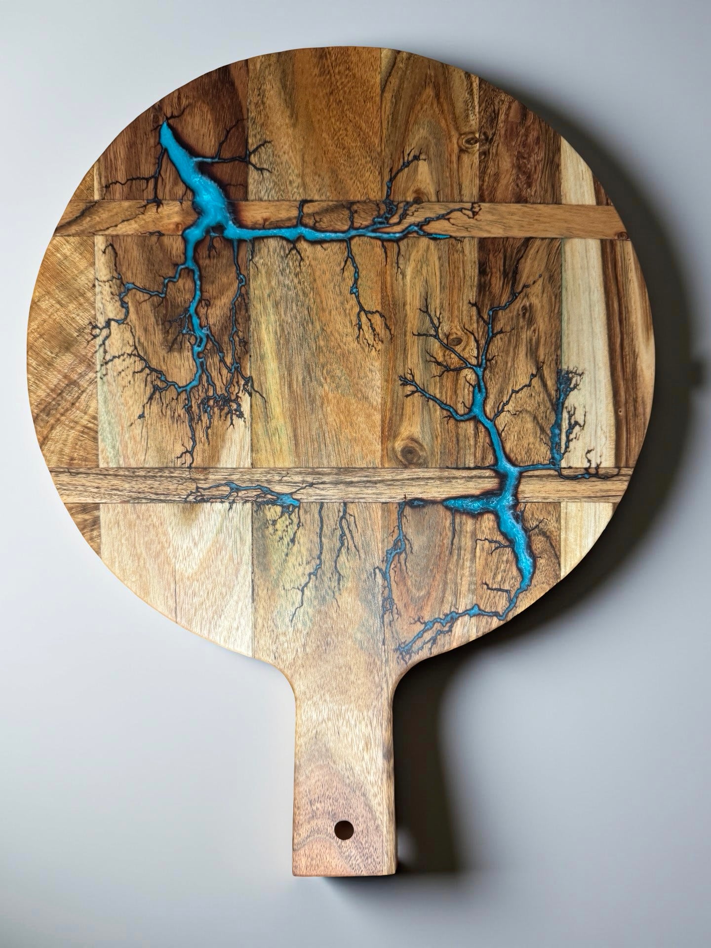 Lagoon blue electric resin cheese paddle acacia timber fractal burn pattern australian resin boards