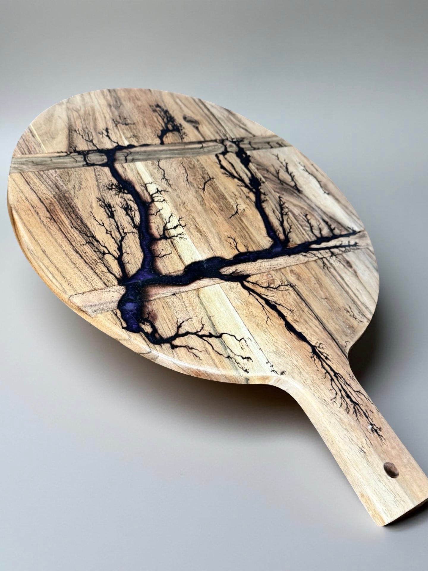 Purple round cheese paddle Australian made acacia board resin boards Australia fractal burn design
