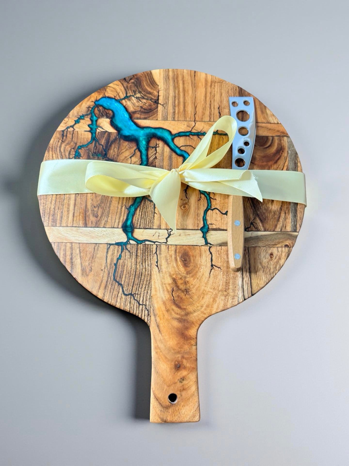 Round resin art cheese board acacia timber gift set including gourmet cheese knife Australian resin boards