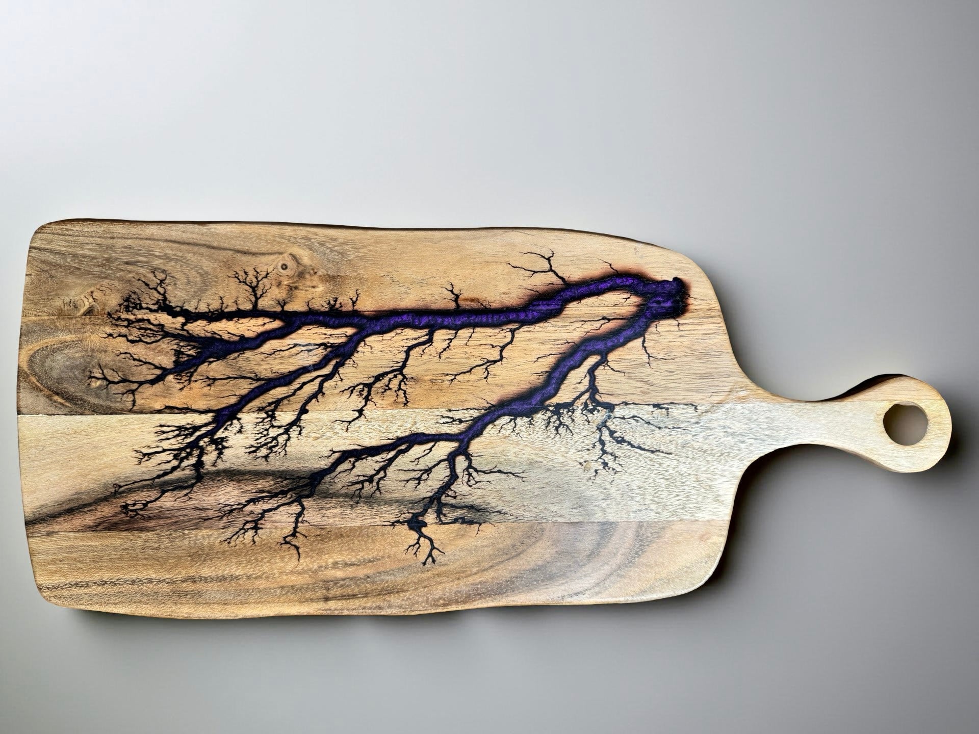 Acacia rectangle cheese paddle purple resin boards Australia fractal burning handcrafted design