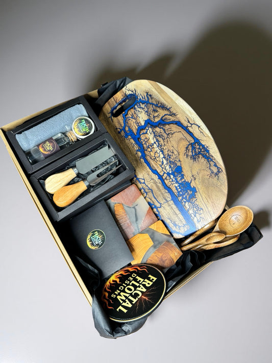 Luxury gift box sapphire blue resin grazing board care kit resin and cypress coasters fractal flow accessories