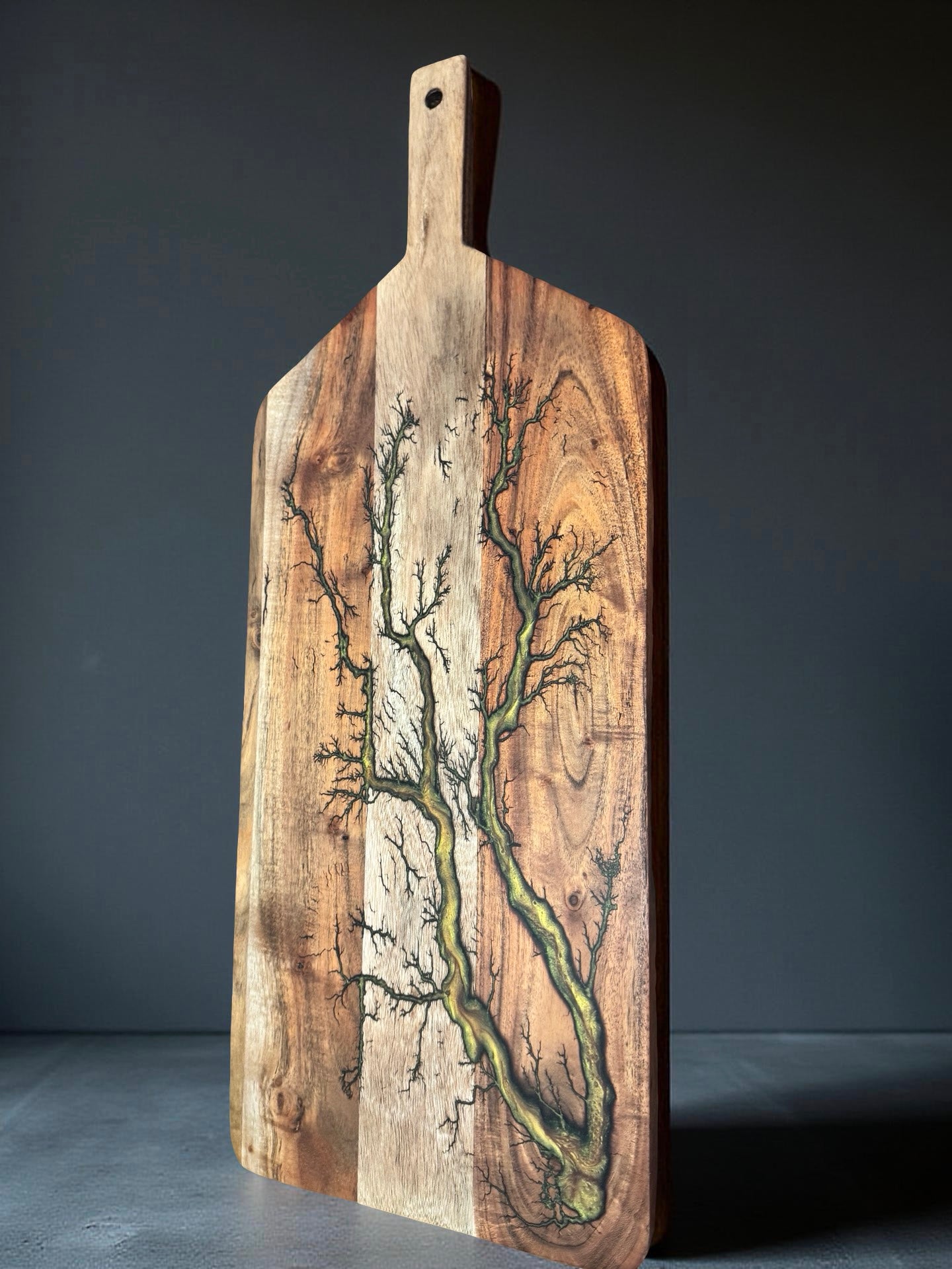 Premium large serving paddle board with food safe resin art by Fractal Flow Designs