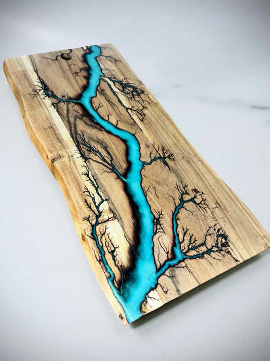 Premium live edge board iridescent green resin art sustainable Australian timber fractal burning design