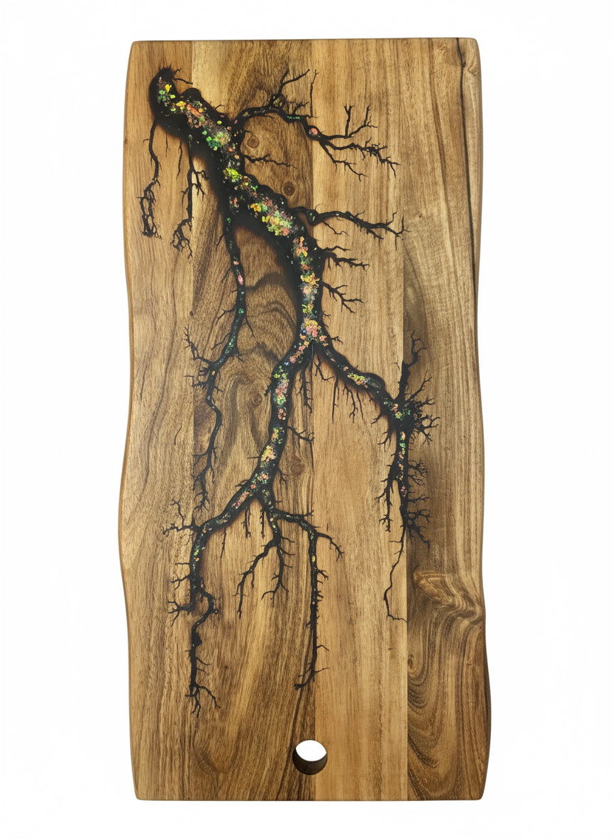 Premium live edge grazing board with resin highlights, ideal for weddings and housewarming gifts