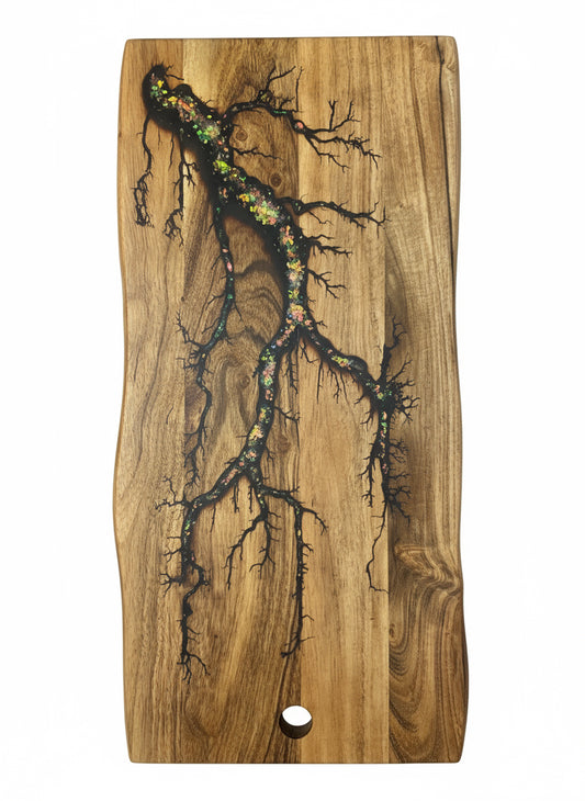 Premium live edge grazing board with resin highlights, ideal for weddings and housewarming gifts