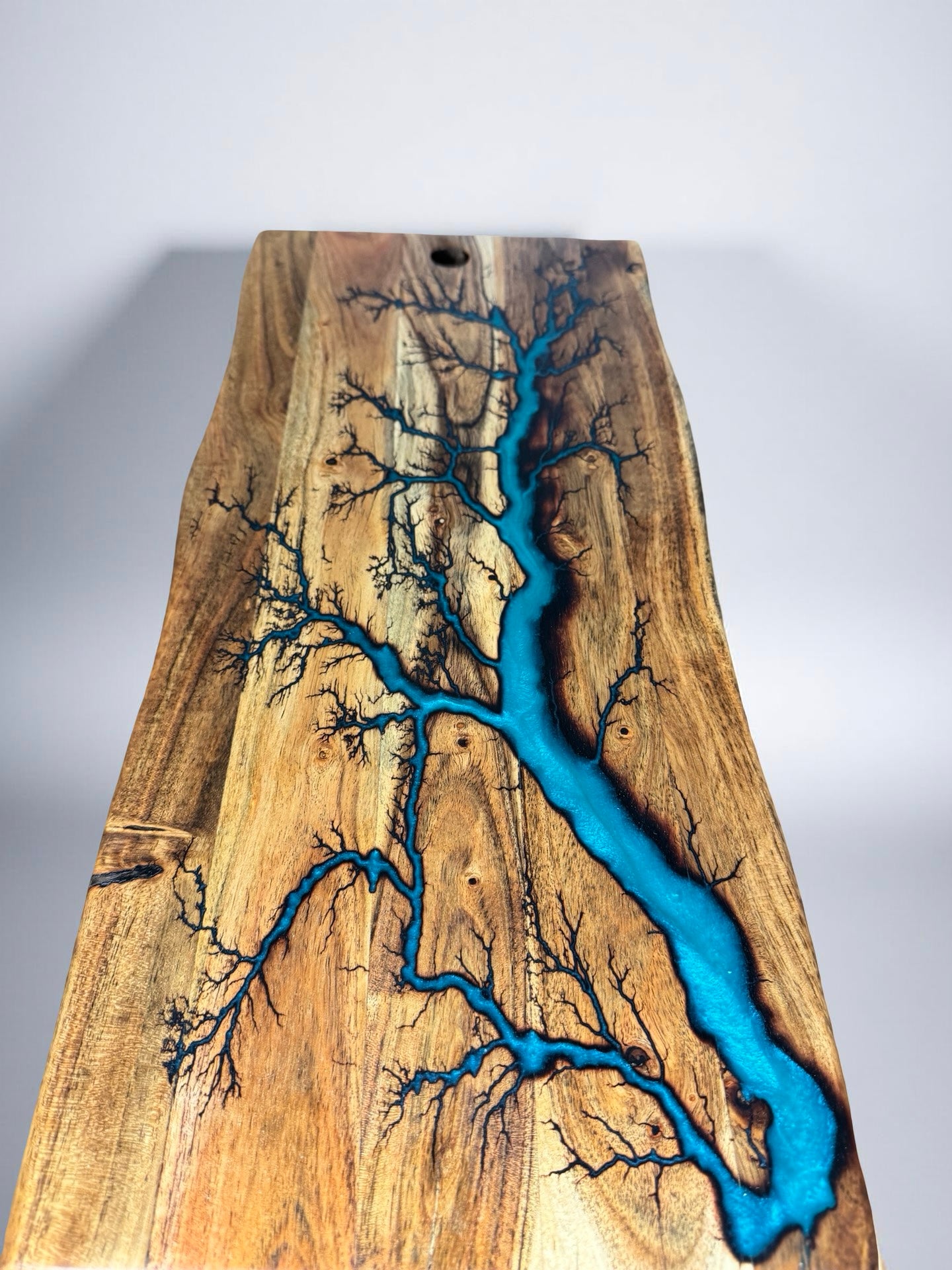 Live edge serving board featuring marine green resin design, Fractal Flow Designs Australia