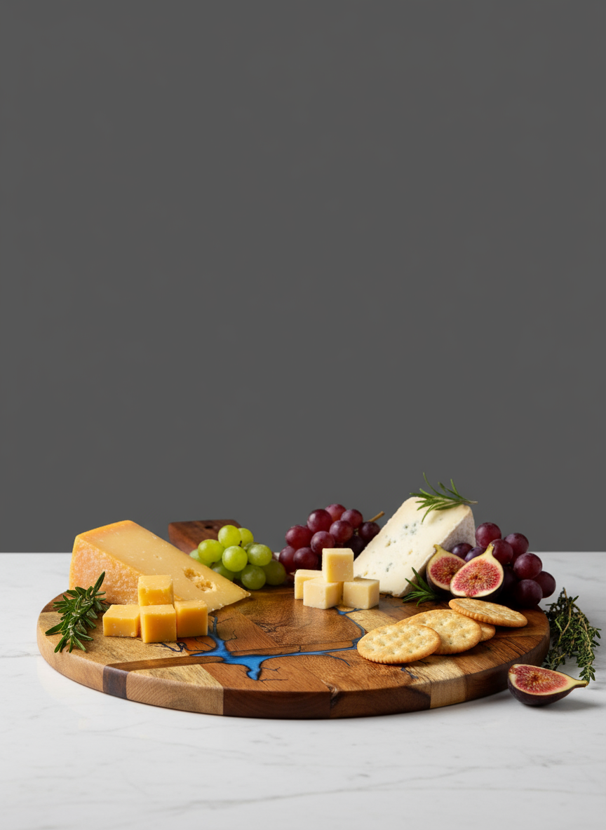 Fractal Flow Designs round resin cheese paddle – Australian-made serving platter, perfect for cheese lovers, grazing spreads, and luxury kitchen décor.