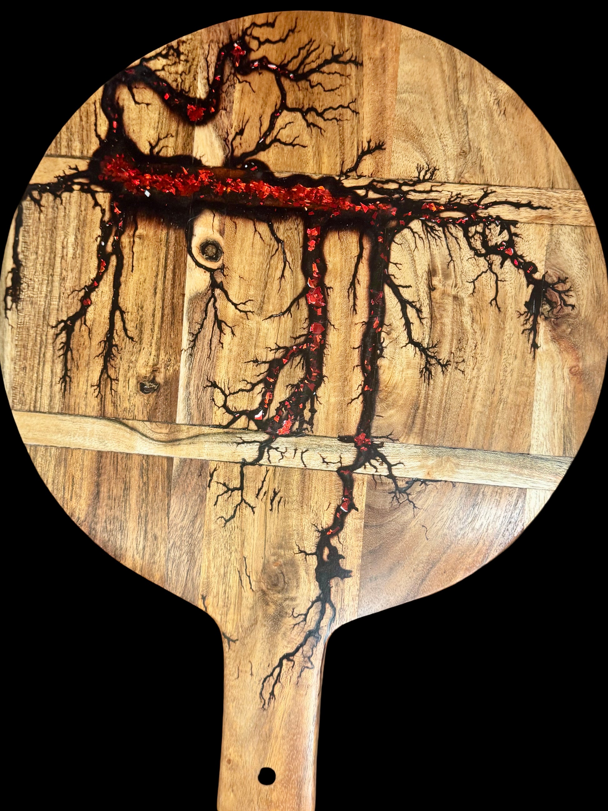 Handcrafted resin cheese board with fractal burning art by Fractal Flow Designs