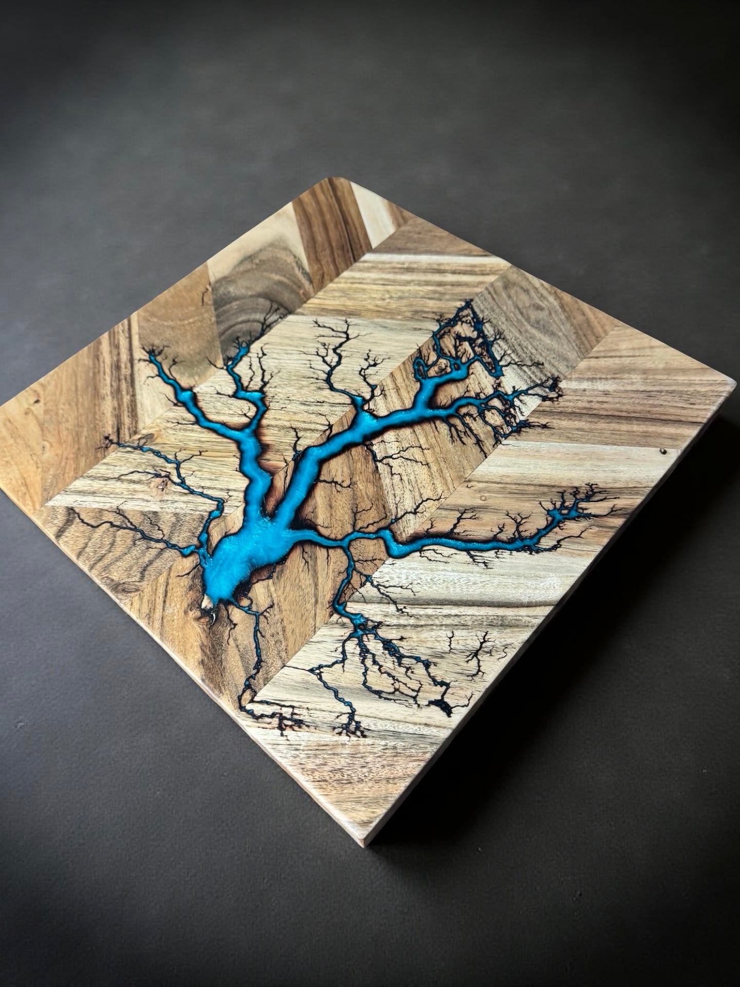 Square hardwood chopping board 320 x 320 with shimmering mermaid blue resin and distinctive fractal burning art resin boards Australia artisan crafted in East Gippsland by Fractal Flow Designs