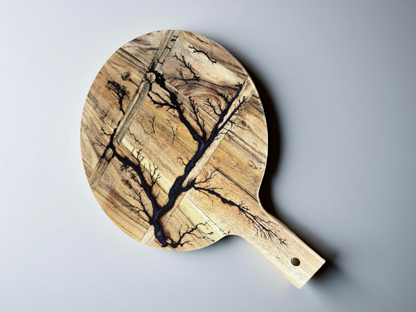Purple electric resin art cheese board round acacia paddle handcrafted in east gippsland