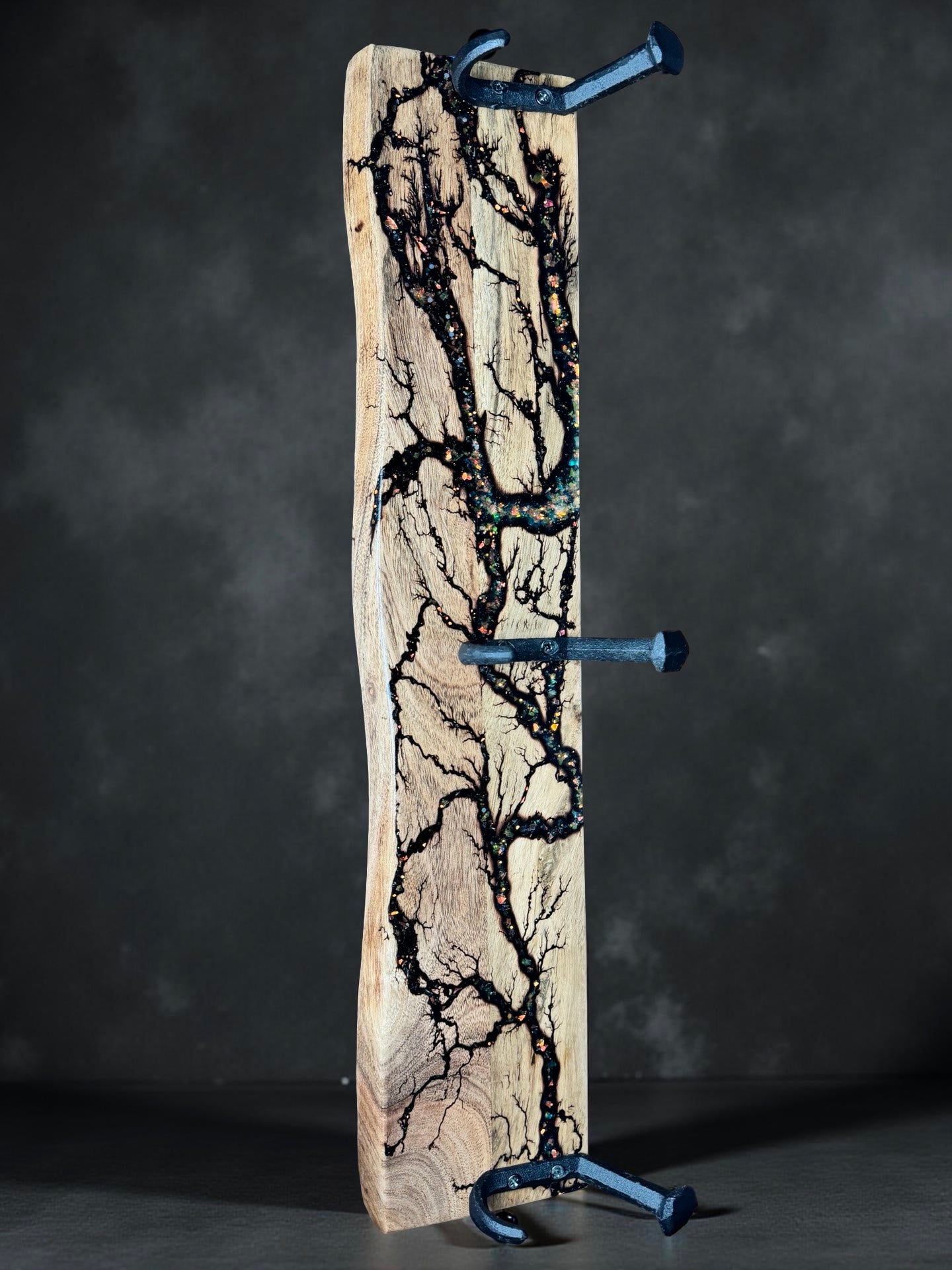 Timber coat rack with resin accent and metal hooks, handcrafted in East Gippsland