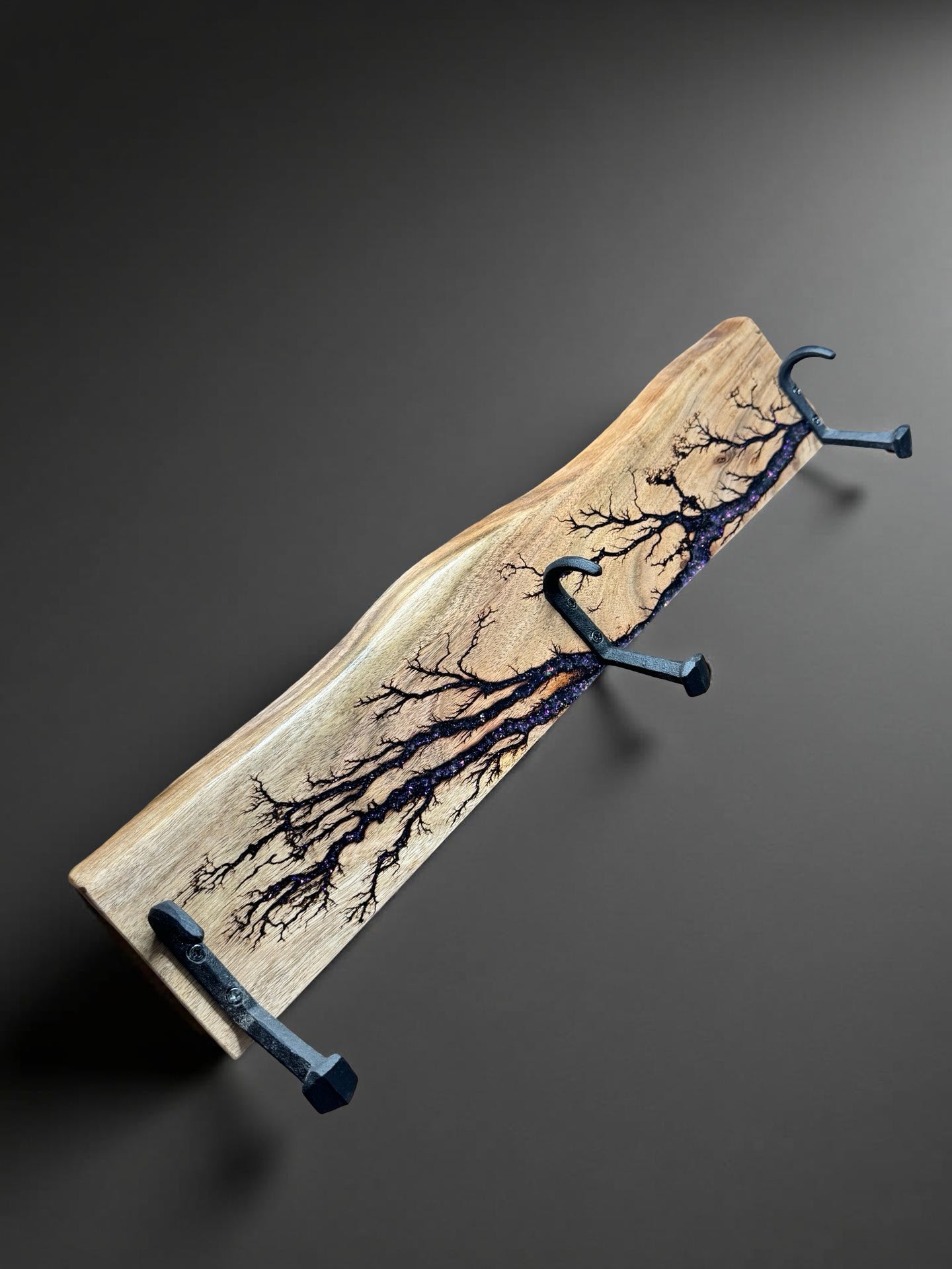 Purple resin coat rack with resin glow and sleek hooks, handcrafted East Gippsland