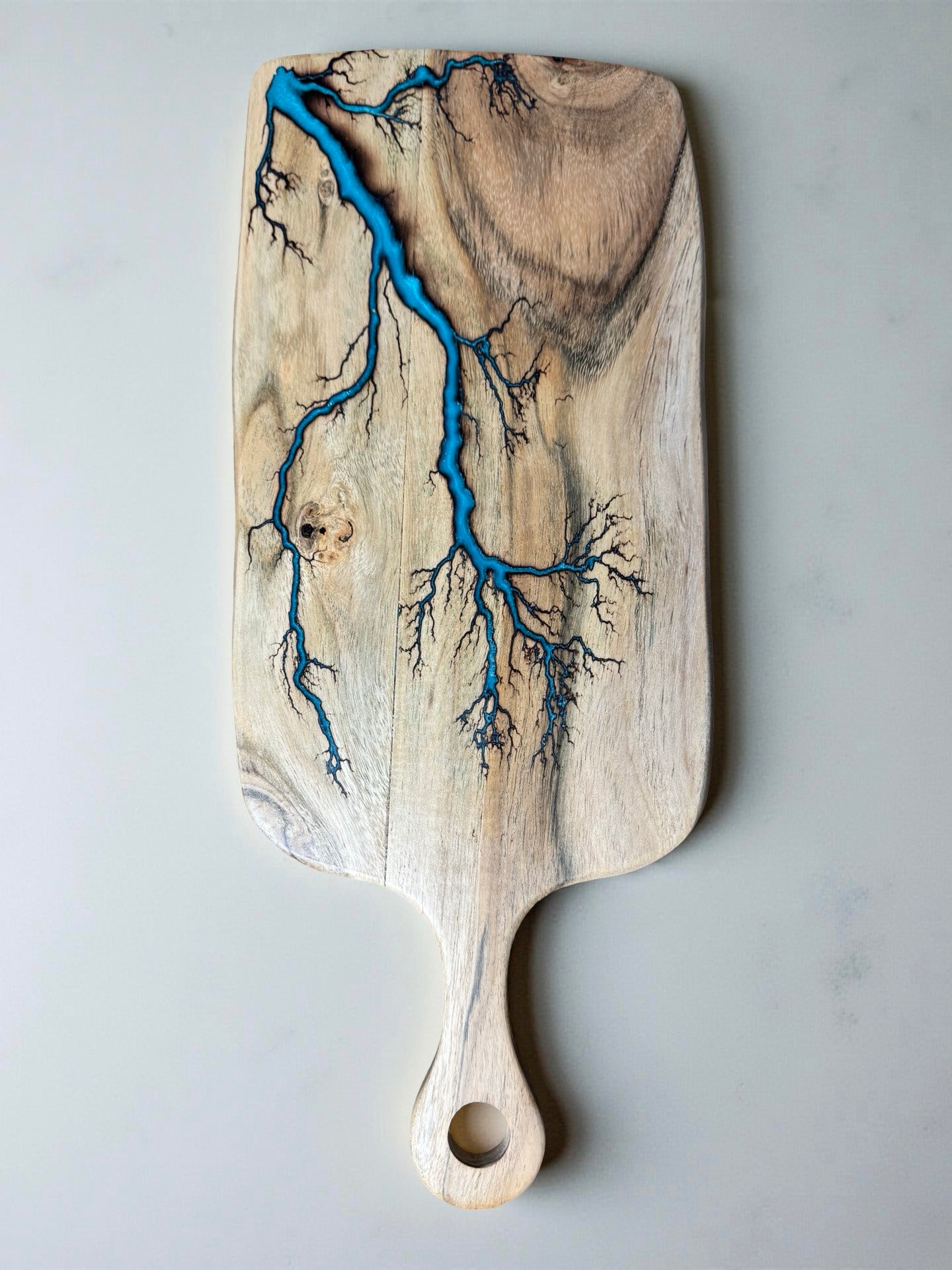 Acacia rectangle cheese paddle lagoon blue resin boards Australia fractal burning artisan design