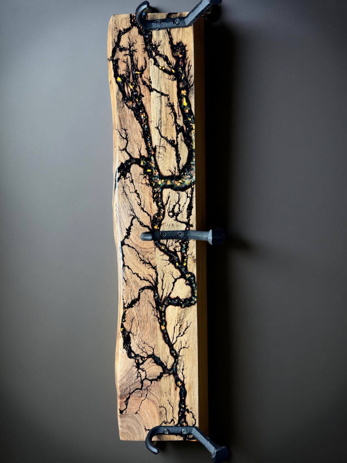 Holographic shimmer coat rack with resin art, premium Australian timber décor