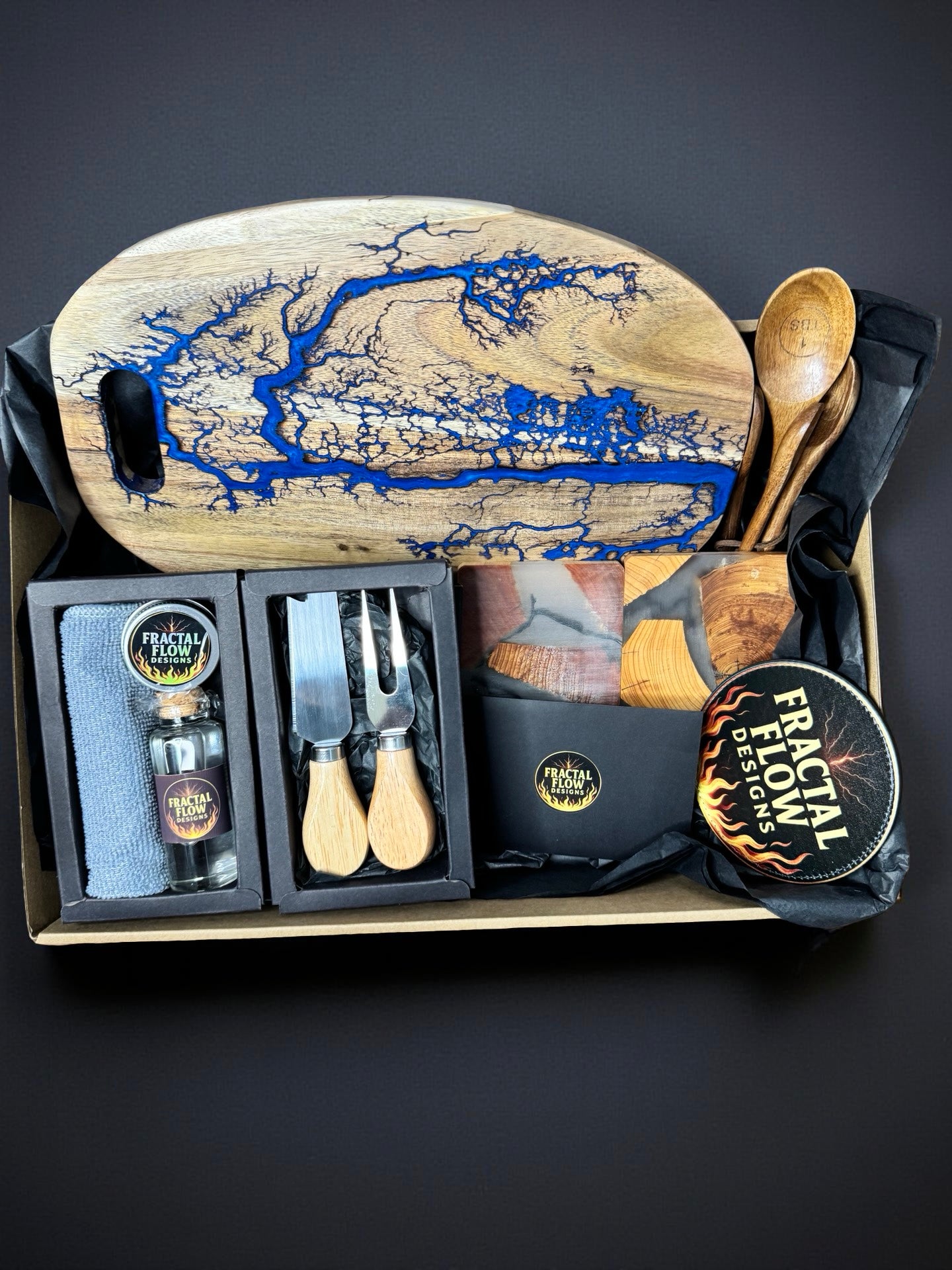 Premium gift box sapphire blue resin board set includes cheese knife set care kit coasters fractal flow pen opener