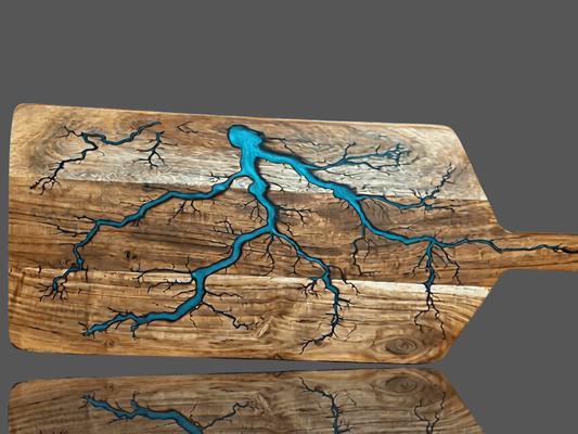 Fractal Flow Designs Australian Resin Boards – oversized timber grazing paddle featuring fractal burning art and resin details, made in East Gippsland, perfect for charcuterie boards, cheese platters, and premium wedding or housewarming gifts.