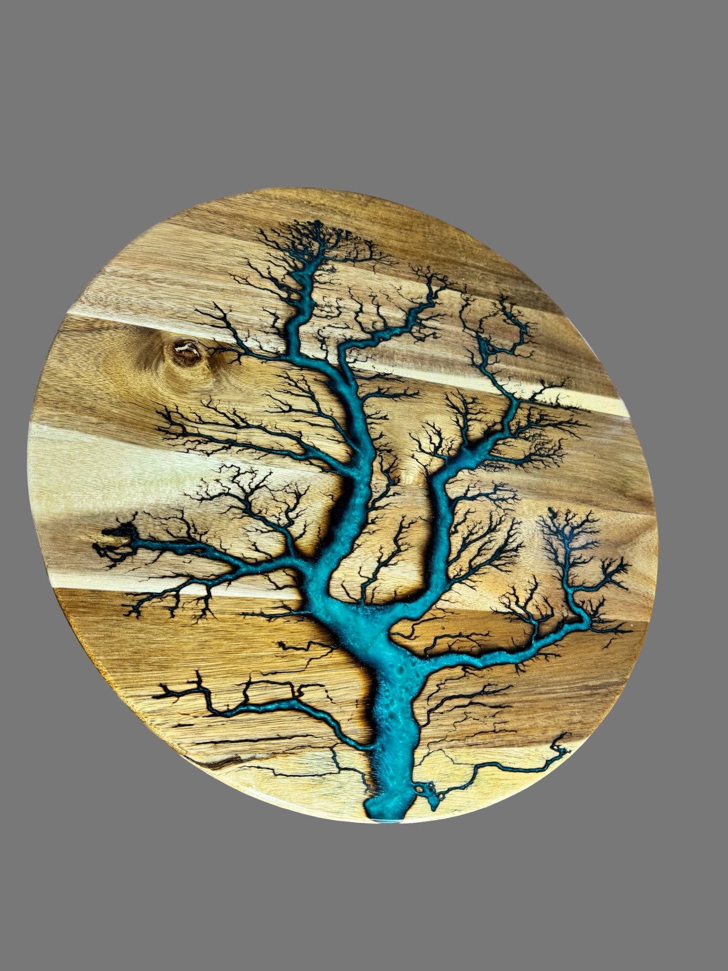 Australian made marine green resin lazy Susan featuring electric fractal burning artwork sustainable timber serving piece from Fractal Flow Designs