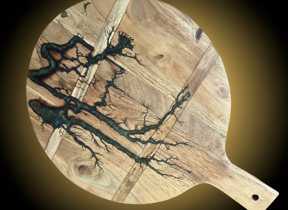 Timber resin cheese platter with unique fractal burnt design handcrafted