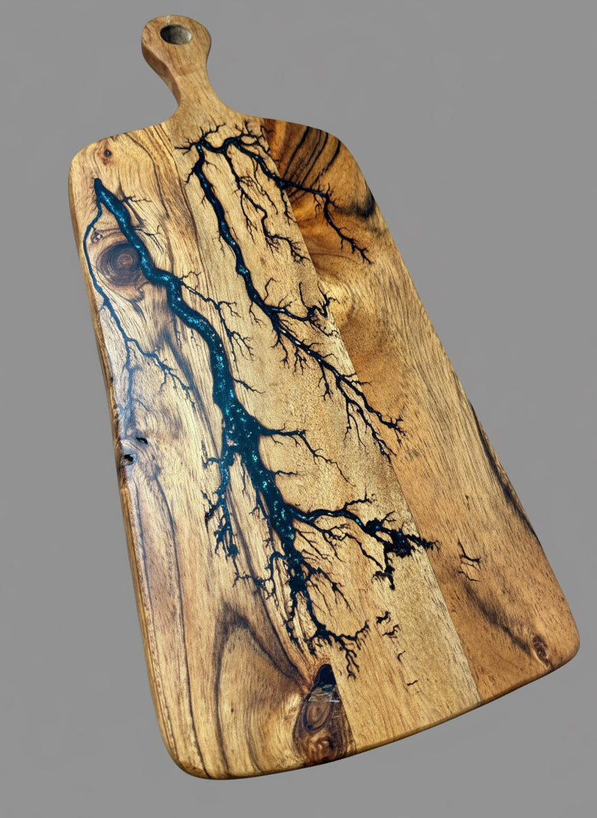 Stylish Australian resin board paddle for cheese and charcuterie, crafted with unique timber and resin detail
