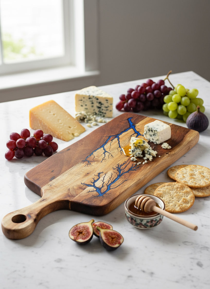 Handcrafted resin cheese paddle made in Australia by Fractal Flow Designs — elegant timber and resin design ideal for grazing, entertaining, or gifting.